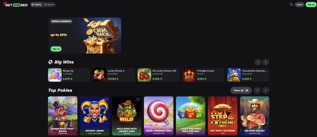 BetOnRed mobile casino lobby