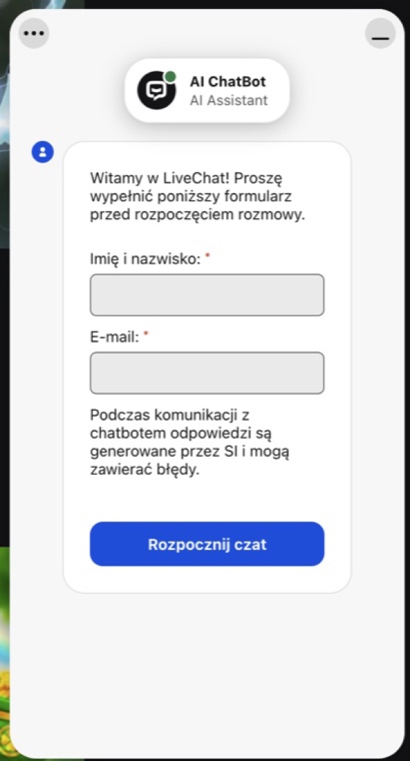 Okno czatu na żywo wsparcia BetOnRed